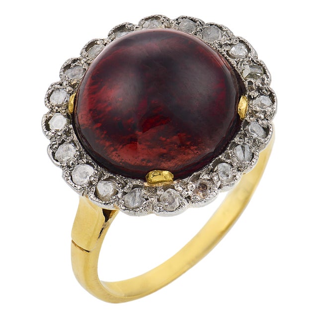 Late 19th Century Victorian 5.00 Carat Garnet Diamond 18k Yellow Gold Cluster Ring, Size 4.75 For Sale