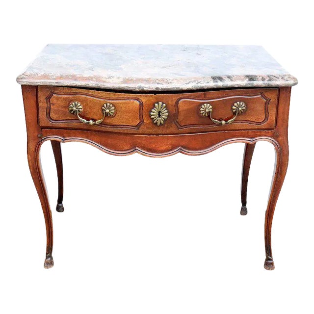 French Louis XV Walnut Marble Top Bowfront Console Table For Sale