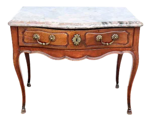 French Louis XV Walnut Marble Top Bowfront Console Table