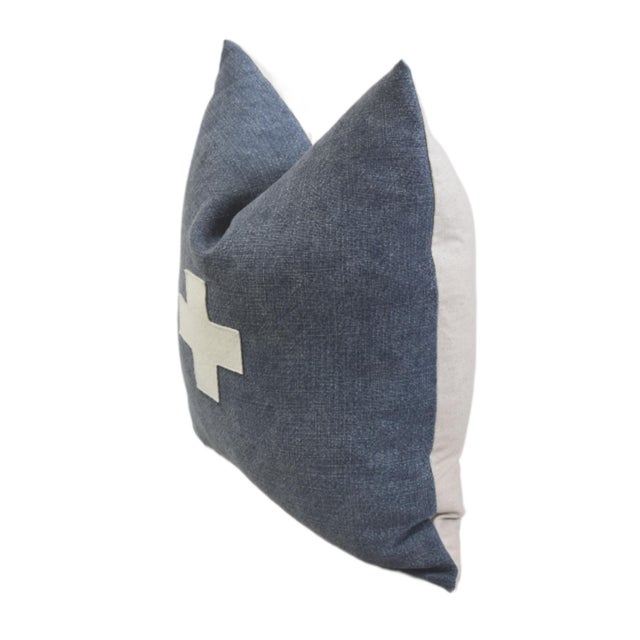 French Blue and Cream Appliqué Cross Wool & Linen Feather/Down Pillow For Sale - Image 4 of 6