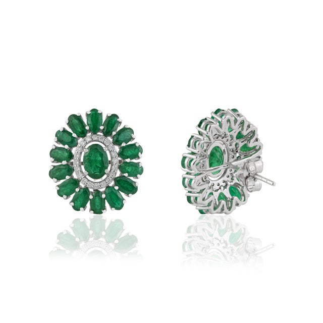 Not Yet Made - Made To Order Contemporary Emerald & Diamond Floral Stud Earrings in 14k White Gold- A Pair For Sale - Image 5 of 12