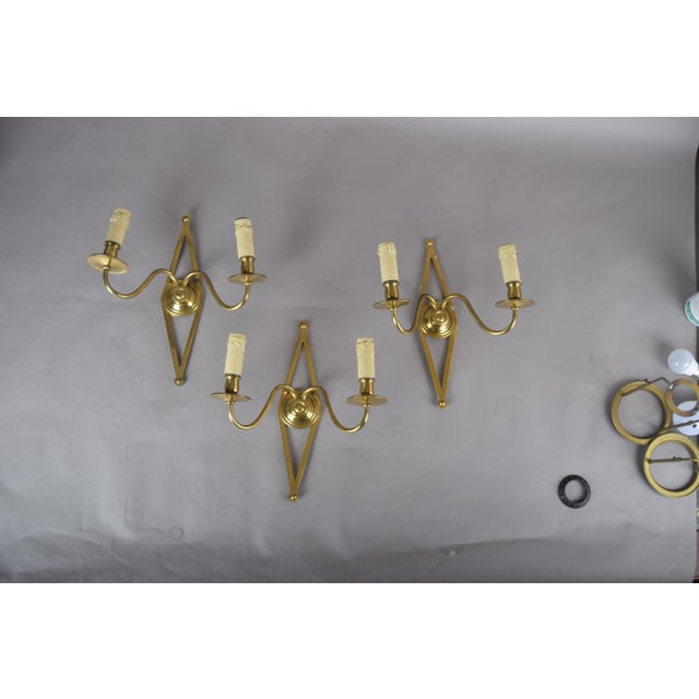 Gold French Brass Wall Sconces with Diamond Backplates, 1960s, Set of 3 For Sale - Image 8 of 18