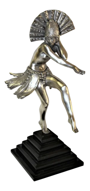 Silvered Bronze Art Deco Dancer on Black Marble Pyramid Base After Fanny Rozet