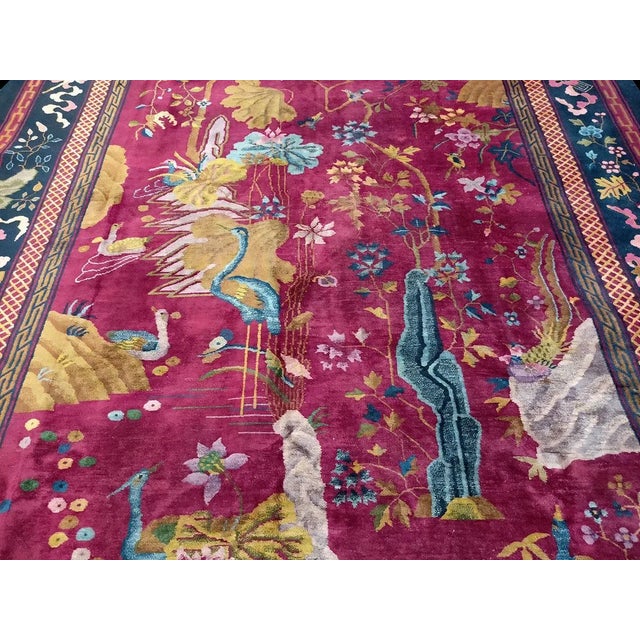 1920s Ruby Red Scene Floral Antique Chinese Art Deco Carpet 9' X 14' Knotted Wool Rug For Sale In New York - Image 6 of 9