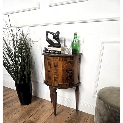 Art Deco Italian Demilune Night Stand in Marquetry Inlay Burl Wood, 1940s For Sale - Image 4 of 10