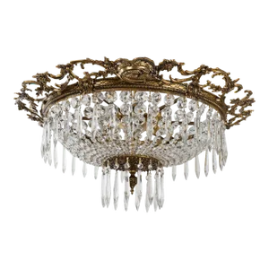 1950s Brass & Crystal Basket Semi Flush Mount Chandelier