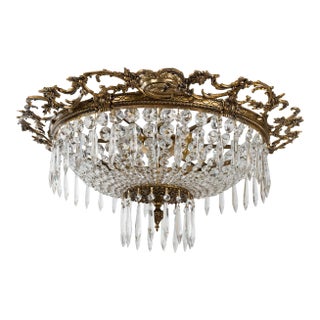 1950s Grand Spanish French Basket Crystal Semi-Flush Mount Chandelier Plafonnier For Sale