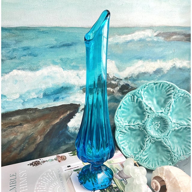 Mid Century Blue Swung Glass Vase For Sale In San Antonio - Image 6 of 8