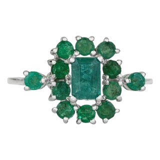 Vintage Style Emerald and Diamond Cluster Ring in Silver, Size 8 For Sale