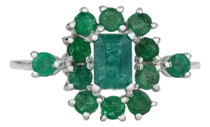 Vintage Style Emerald and Diamond Cluster Ring in Silver, Size 8