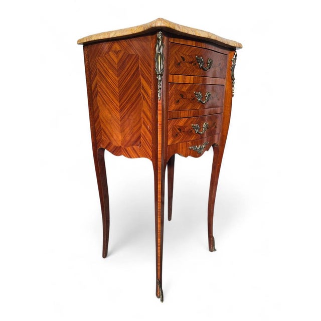 Pair of 19th Century French Bedside Tables in Fruitwood with Siena Marble Tops Elegant pair of French bedside tables,...