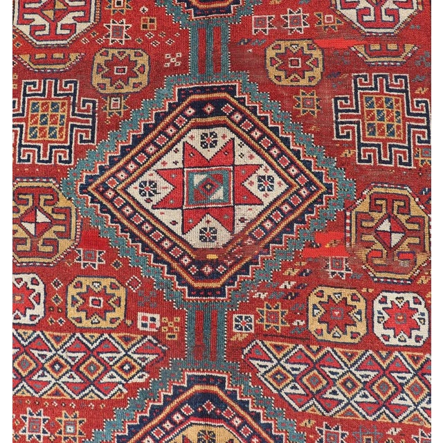 Textile Antique Qashqai Rug With Geometric Motifs in Red, Blue, and Golden Yellow For Sale - Image 7 of 13
