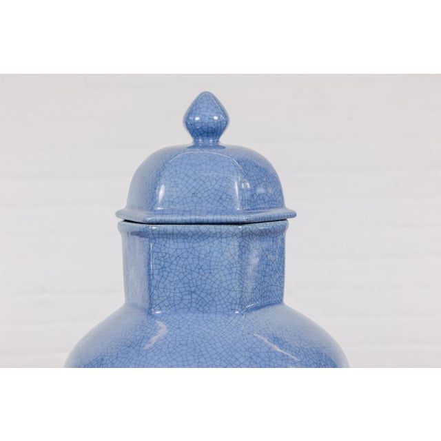Tall Blue Glaze Lidded Hexagonal Vase with Crackle Finish, Vintage For Sale - Image 4 of 12