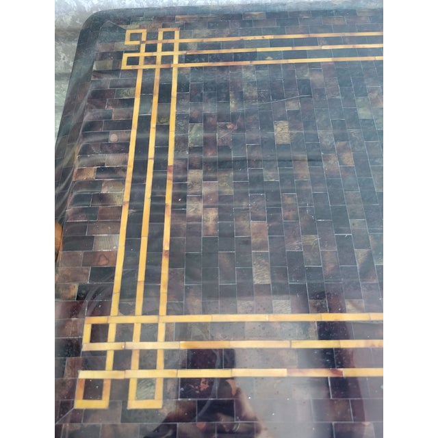 Vintage Chinese Chippendale Lexington Tortoiseshell Bronze Black Extra Long Tessellated Top Console Sofa Table For Sale - Image 12 of 15