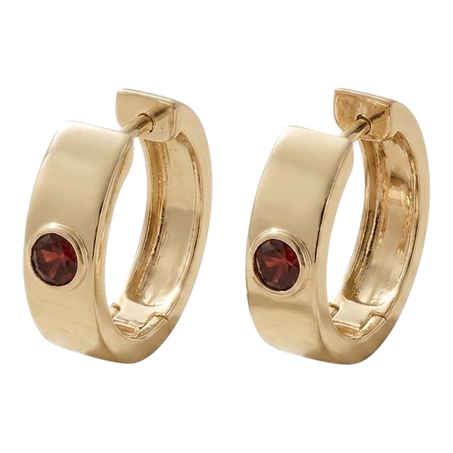 Garnet Flush Set Huggie Hoop Earrings - Dainty Minimalist Hoops - A Pair For Sale