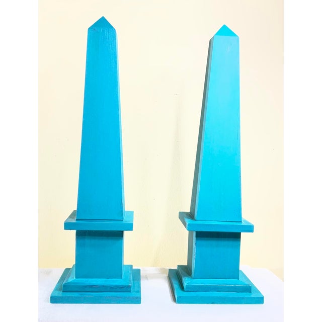 Turquoise Pair of Hand-Painted Solid Wood Decorative Obelisks – Vibrant Turquoise Color For Sale - Image 8 of 15
