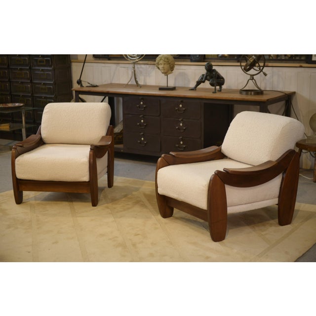 Brutalist Armchairs in Wood and Ecru Bouclé, 1970s, Set of 2 For Sale - Image 12 of 13