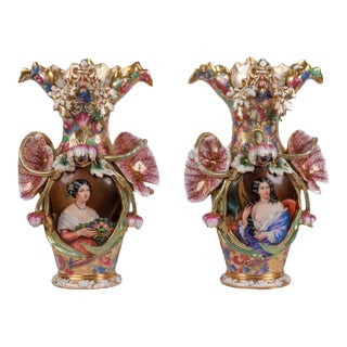 Monumental and Masterful Pair of French Paris Porcelain Hand-Painted Vases For Sale