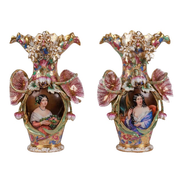 Monumental and Masterful Pair of French Paris Porcelain Hand-Painted Vases For Sale