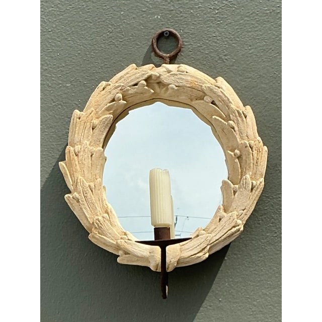 Cream Vintage Laurel Leaf Wall Mirror With Candle Holder For Sale - Image 8 of 12