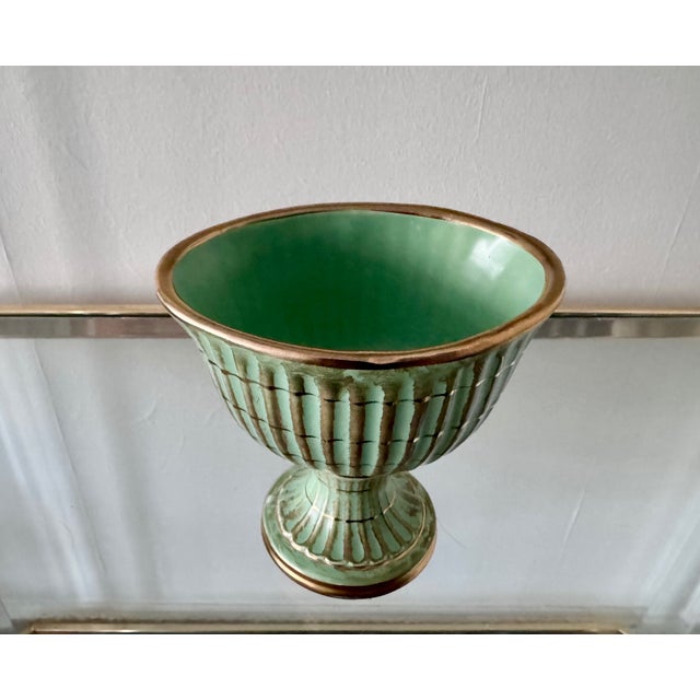 Unique Hull ceramic vase or planter. #15 green with gold accents. No imperfections.