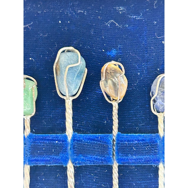 Metal Vintage Semi-Precious Stone Cocktail Picks With Silver Coin Spoon & Presentation Box, Set of 7 For Sale - Image 7 of 8