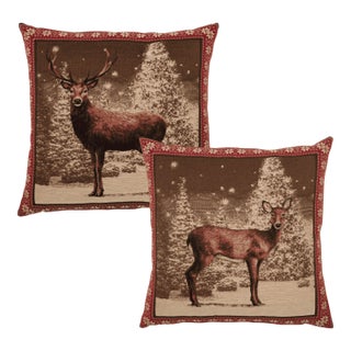Pair of Winter Deer & Stag Tapestry Cushions With Feather Filler - 46x46cm For Sale