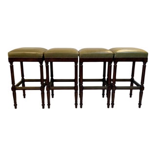 Raffles Green Leather Upholstered Backless Bar Stools-Set of 4 For Sale