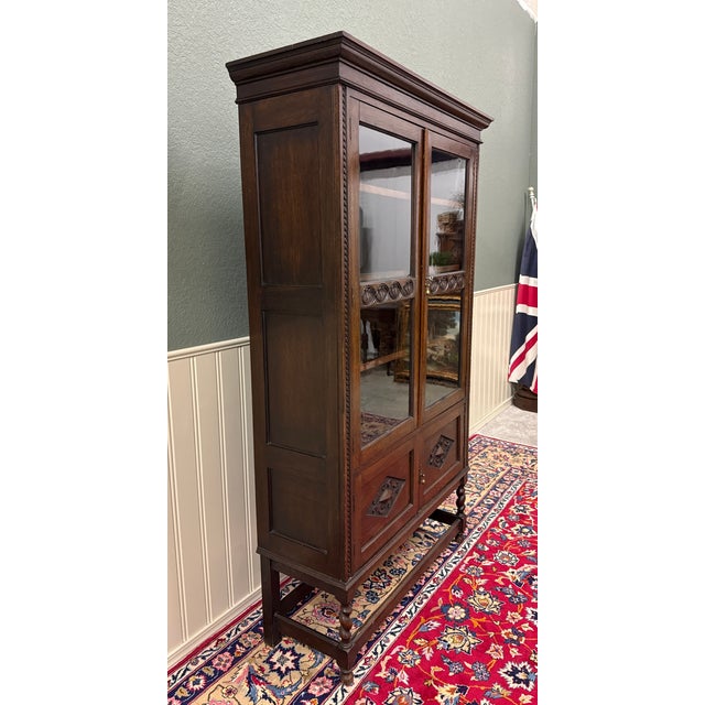 Antique English Bookcase Bookshelf Cabinet Double Door Barley Twist Oak c.1930s For Sale - Image 13 of 17