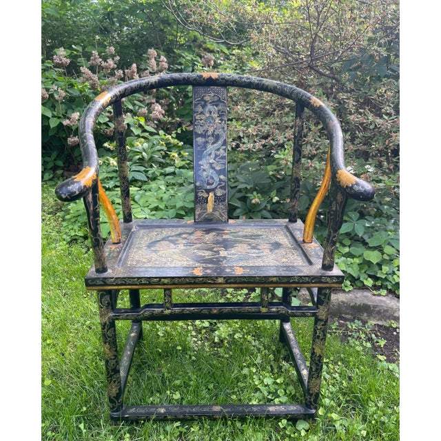 Chinoiserie Mid 20th Century Chinese Black Decorated Ming Horseshoe Back Chair For Sale - Image 3 of 13