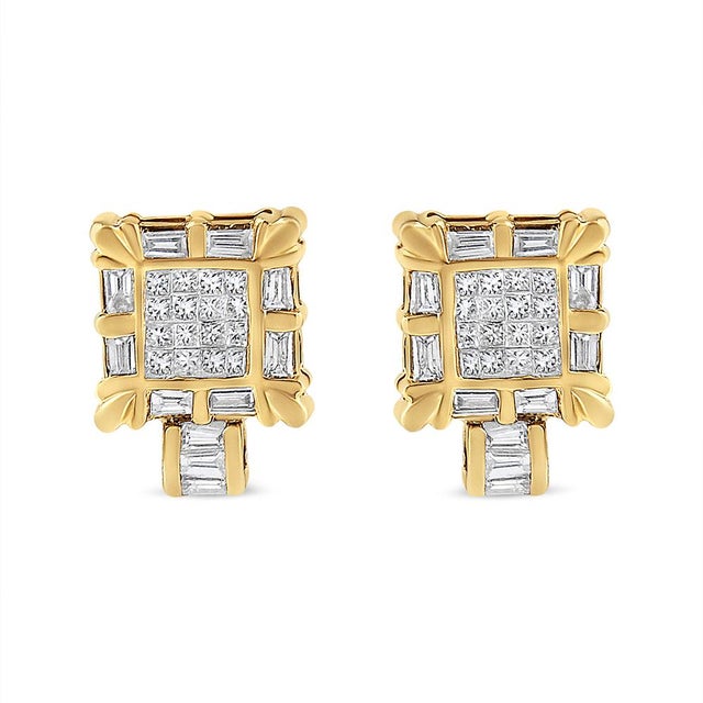 Bold and unique, these 14k yellow gold hoops have an art-deco design with a modern twist. With a total diamond weight of...