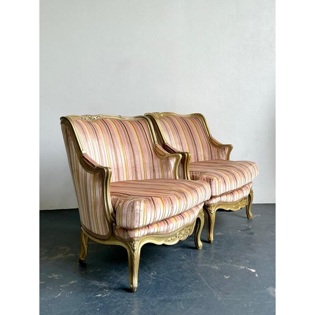 Mid 20th Century Vintage French Giltwood Striped Devore Bergère Chairs - A Pair For Sale - Image 5 of 18