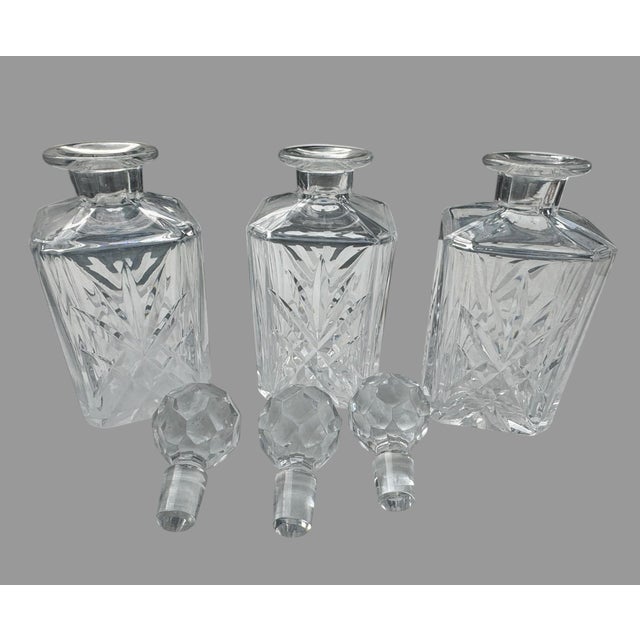 Wood Vintage Mahogany 3 Bottle Tantalus Locking Liquor Decanter Set Cut Glass - 4 pcs For Sale - Image 7 of 11