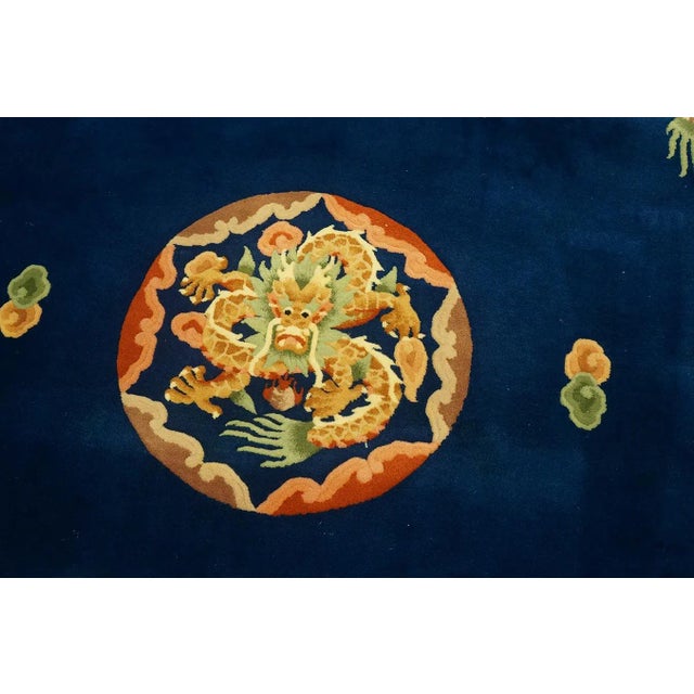 1980s Navy Blue Dragon Medallion Vintage Chinese Art Deco Carpet Oval 6'' X 9' Knotted Wool Rug For Sale - Image 10 of 12