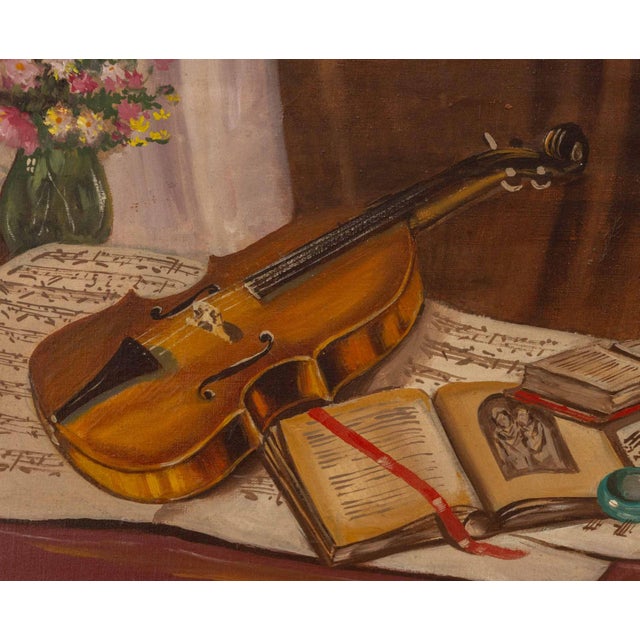 Realism 20th Century School, Violin Still Life, Oil on Canvas For Sale - Image 3 of 8