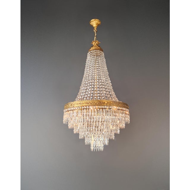 Renaissance Antique Crystal Basket Chandelier Brass Directoire Style Restored Empire Italy For Sale - Image 3 of 11
