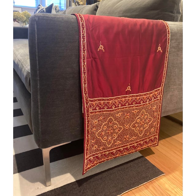 Textile Sethi & Sethi Indian Mosaic Zardozi Metallic Embroidered Claret Silk Throw/Table Runner For Sale - Image 7 of 8