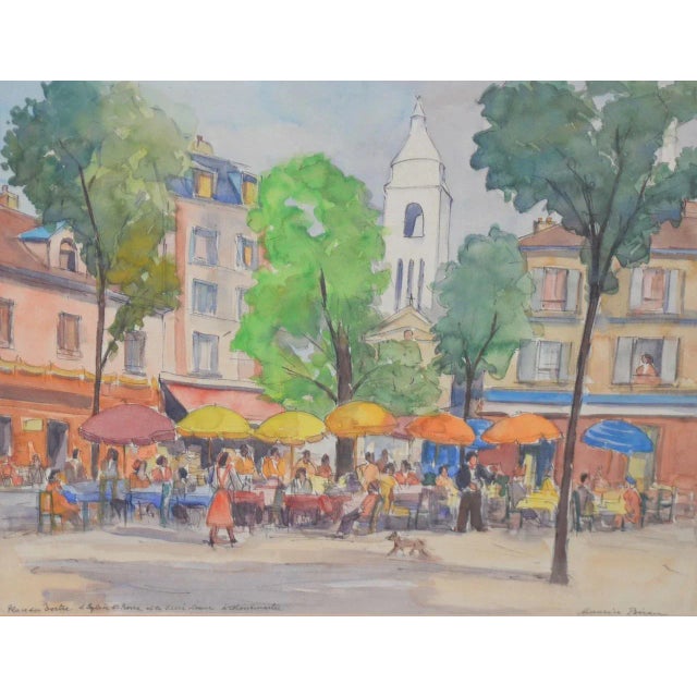 Vintage French Watercolor by Maurice Beran c.1970 Wonderful watercolor of an outdoor cafe in a French village. Original...