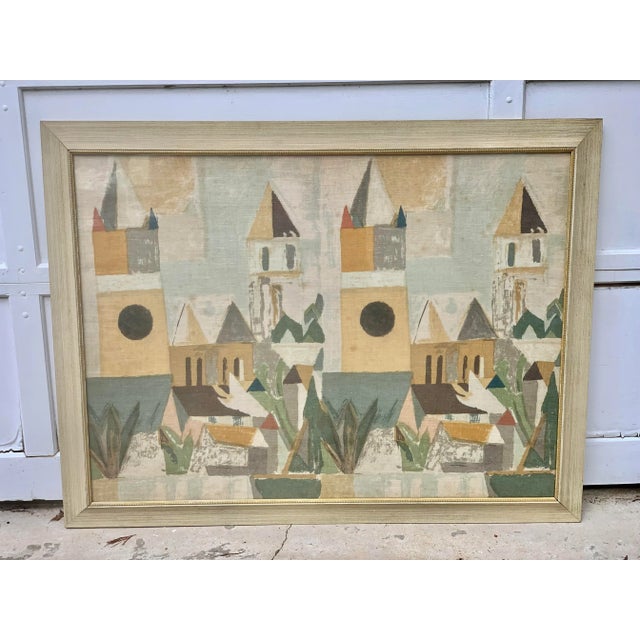Fantastic large framed linen. Features a city scene. Muted warm colors. Cubist/abstracted feel that reminds me of Erich...