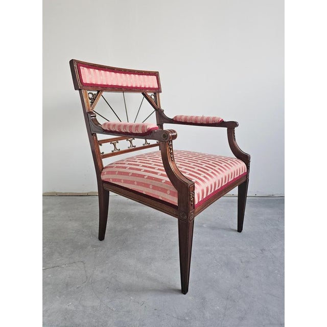 Antique French Empire Mahogany Armchair in Pink Striped Fabric, 1890s For Sale - Image 11 of 15