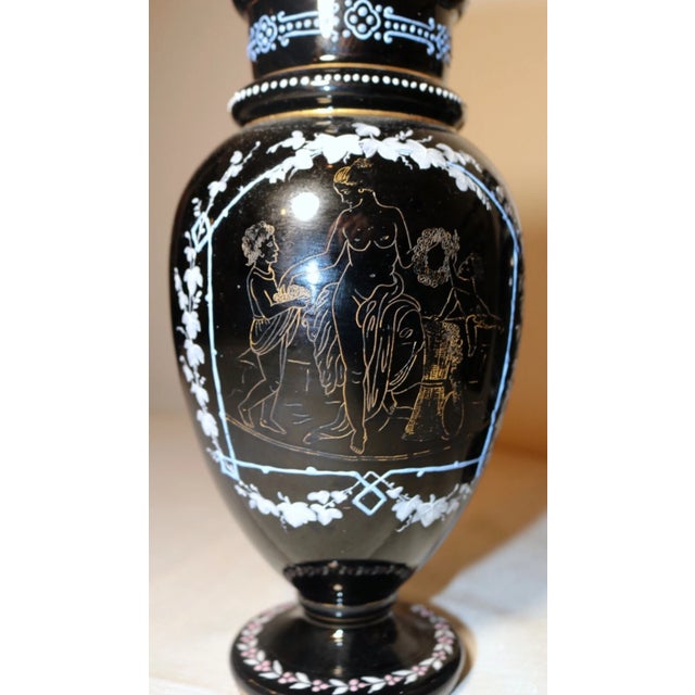 Pair of 2 Antique Handmade Bohemian Enameled Black Amethyst Glass Etched Vases For Sale - Image 4 of 12