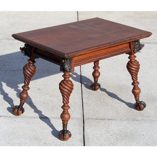 Traditional Antique Renaissance Revival Carved Oak Writing Table / Desk With Bronze Dragons & Clawed Feet For Sale - Image 3 of 18