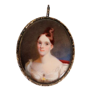 American Portrait Miniature Portrait of a Woman in a White Gown, Signed by Thomas Story Officer