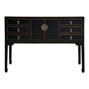 Oriental Black Lacquer Tall Moon Face 6 Drawers Slim Foyer Table