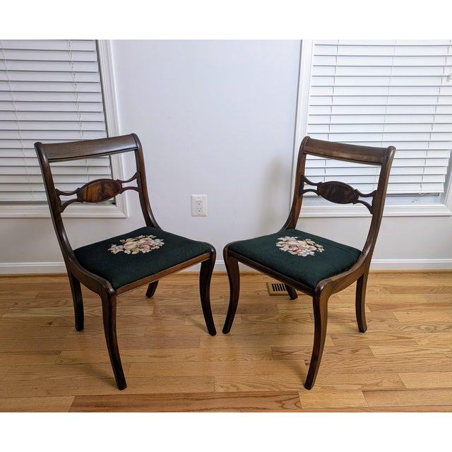 Set of 4 Duncan Phyfe / Regency-Revival Mahogany Dining Chairs, C. 1940s–60s — One Armchair, Needlepoint Seats For Sale - Image 11 of 12