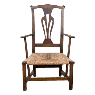 Antique Country Chippendale Rush Seat Armchair For Sale