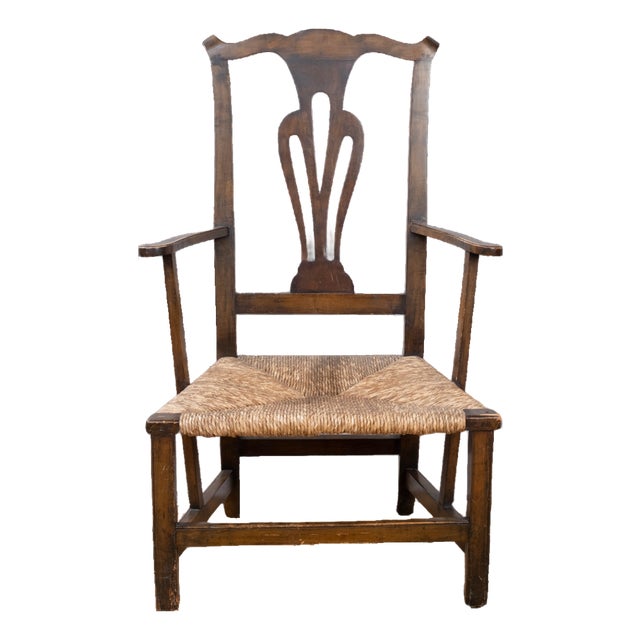 Antique Country Chippendale Rush Seat Armchair For Sale