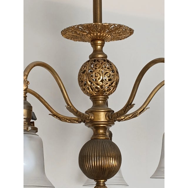 Antique Steuben Style Brass 5-Armed Chandelier For Sale In Minneapolis - Image 6 of 16