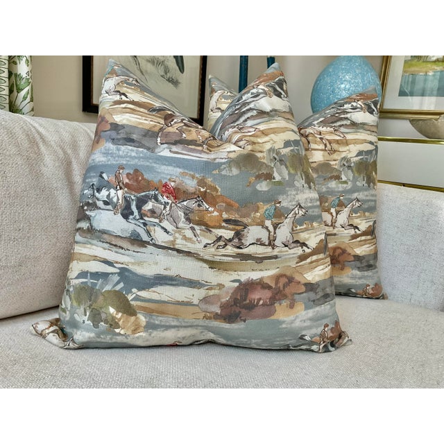 Traditional Mulberry Home “Morning Gallop” in Blue and Sand Pillows- a Pair For Sale - Image 3 of 3