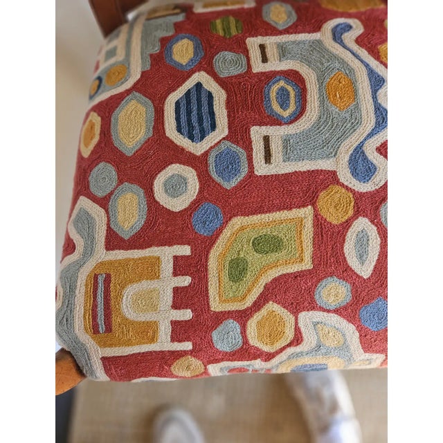 Stylish Italian Hand Carved Fruitwood Armchair updated with New Abstract Crewelwork Seat Upholstery finished with French...